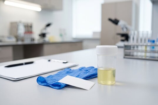 Premium photorealistic commercial stock photography of a sterile urine specimen container and blue medical gloves on a clean clinical laboratory surface