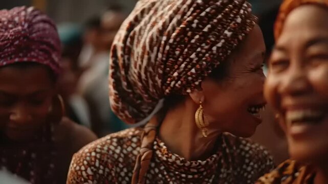 Woman wearing a patterned headwrap smiles during a cultural gathering.