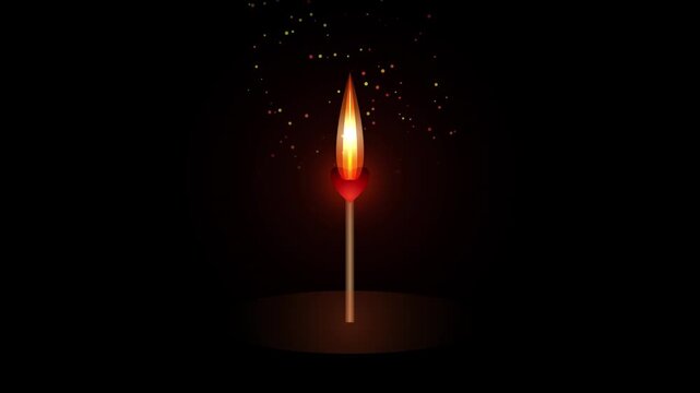 Burning matchstick with glowing flame on black background