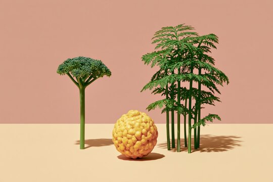 Broccoli, Textured Fruit, and Green Plants