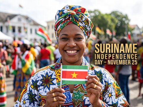 Smiling woman wearing traditional patterned headwrap and clothing holding a small suriname flag during an outdoor independence day celebration with a blurred crowd in the background