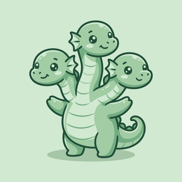 Cute cartoon green three-headed dragon, hydra creature standing friendly pose