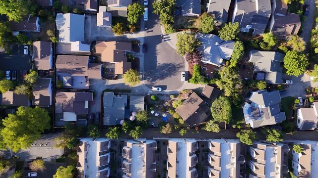 aerial view of a middle class American  residential houses neighborhood in a city suburbs. suburbia