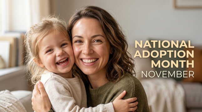 Smiling woman with brown hair embracing a young blonde girl in a cozy indoor setting with national adoption month november text overlay