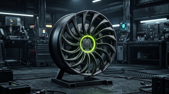 Extreme sports car wheel rim inspired by turbine blades, featuring a deep concave forged alloy structure with acid green highlights and lime neon hub lighting.