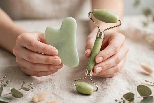 Closeup of hands jade roller gua sha with bright natural lighting, concept of daily routine, lifestyle and manual activity. High resolution with copy space.
