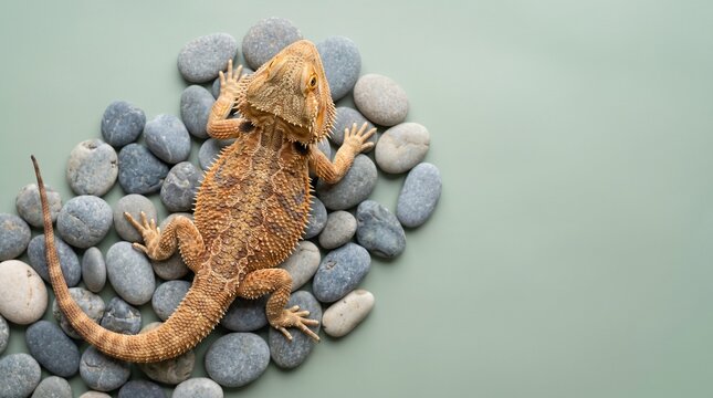 Bearded Dragon Lizard Resting Calmly on Natural River Stones Over a Soft Sage Green Background