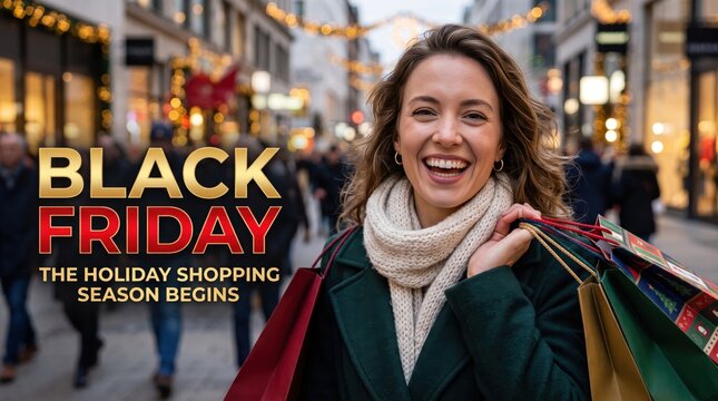 Smiling woman with brown hair wearing a green coat and white knit scarf holding colorful shopping bags on a blurred city street during the holiday season with black friday text overlay
