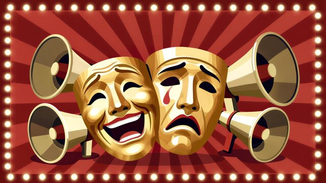 Golden comedy and tragedy masks flank by megaphones, framed with theater lights.