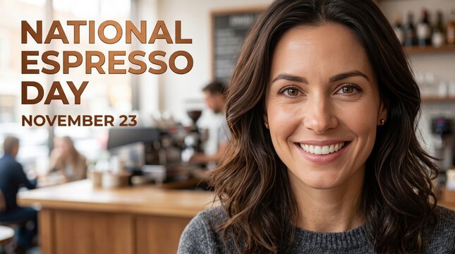 Smiling woman with long brown hair in a coffee shop with national espresso day november 23 text overlay