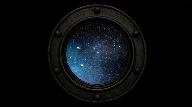 porthole. A round porthole window framing a brilliant starfield in deep space. STEM education sheets, lab safety posters, designed for STEM education and laboratory safety posters.