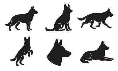 Obraz premium Set of black silhouettes of German Shepherd dogs in various poses and actions.