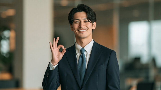 仕事への自信を感じさせるOKジェスチャーをする新入社員