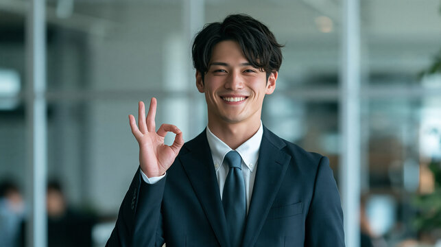 オッケーのジェスチャーで笑顔を見せる新社会人のポートフォリオ