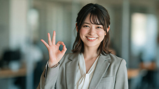 オッケーのサインで仕事への前向きな姿勢を表現する若手新入社員のビジネスイメージ