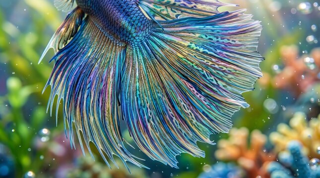 Close up vibrant betta fish tail fin iridescent scales underwater macro photography