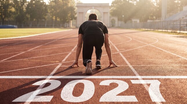 A runner is in a ready-to-run position at the starting line of a red athletics track. The photo is taken from behind, with the number 2027 visible in large letters on the track surface. 