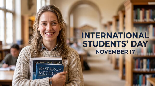 Smiling young woman with wavy brown hair wearing a beige knit sweater holding textbooks in a library with blurred bookshelves and text overlay reading international students day november 17