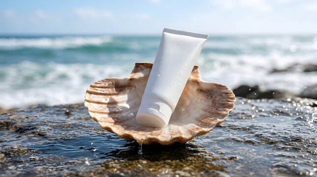 Cosmetic white squeeze tube mockup placed in sea shell on shoreline with tropical sea waves background