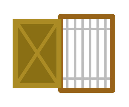 Open wooden window with security iron bar grill flat illustration design
