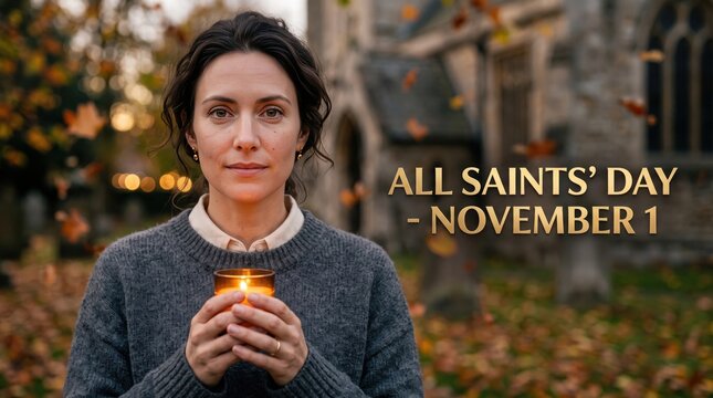 Woman with dark hair wearing a grey sweater holding a glowing candle in a cemetery with autumn leaves and a stone church in the background during all saints day