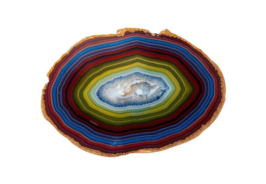 Colorful banded agate geode slice displaying rainbow colors