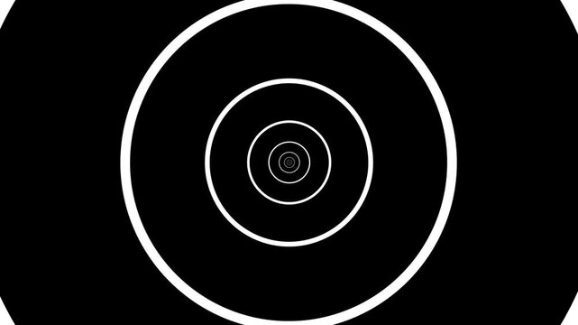 Mesmerizing black and white tunnel abstract background featuring endless concentric circles spinning in a hypnotic vortex geometric pattern creating a continuous deep optical.