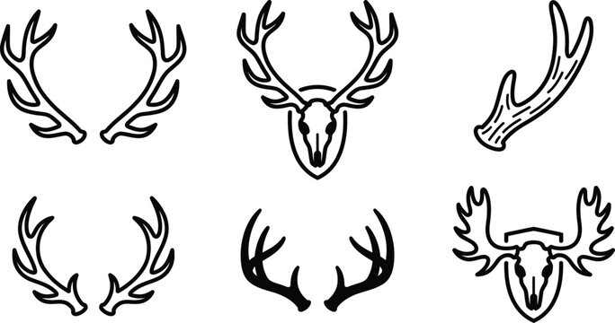 Deer antler hunting trophy vector icon set featuring deer skull elk horns moose shield emblems for rustic wilderness lodge interior branding designs