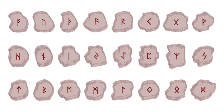 Set of hand drawn viking runes Rune stones with ancient norse alphabet characters engraved on them Scandinavian futhark germanic celtic Single element for design, print, web, decor