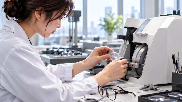 Woman Processing Eyeglass Lens with Precision Optical Equipment