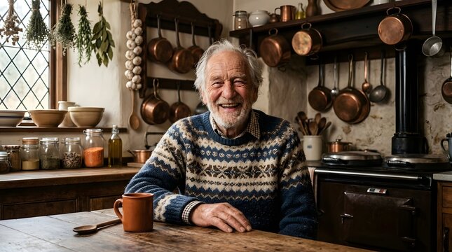 Elderly Man in Patterned Sweater Smiles at Rustic Kitchen Table