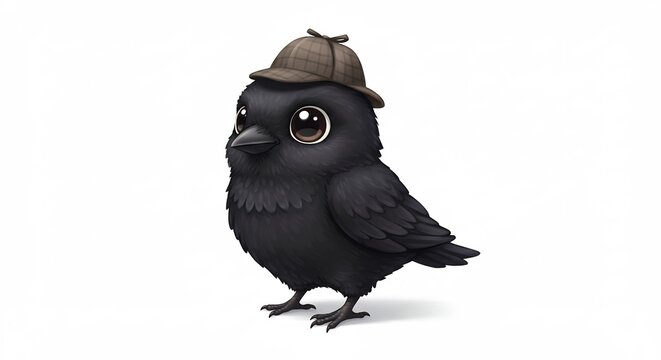 Curious Raven Detective: A charming cartoon raven wearing a detective hat, with large, expressive eyes and a plump body, stands ready to solve mysteries.