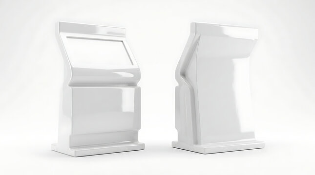 White Interactive Digital Kiosk Display Stand Mockup Isolated on Clean Background Showing Front and Side Views