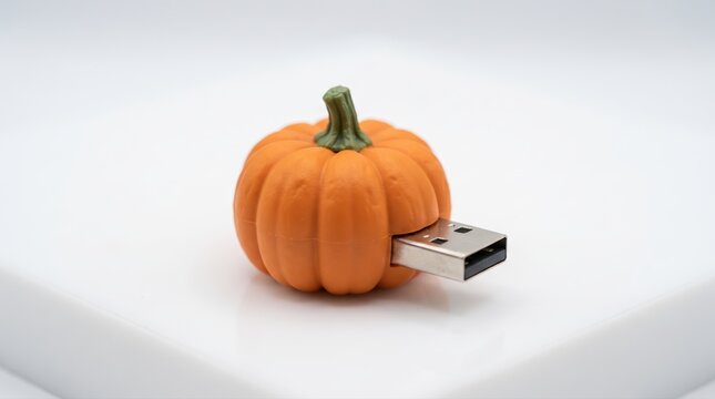 Novelty pumpkin shaped USB flash drive resting on a clean white surface with soft studio lighting