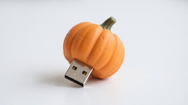 Pumpkin shaped USB flash drive resting on a clean white surface with soft natural lighting