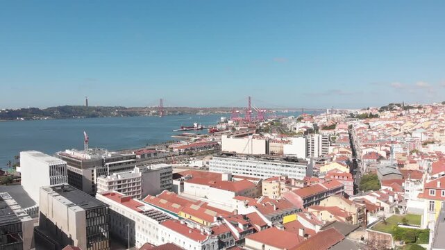 Aerial drone flight from Santa Catarina viewpoint toward the Tagus River