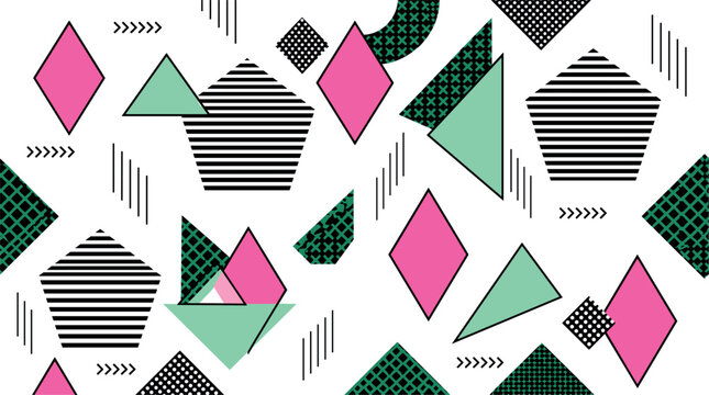 Abstract Geometric Shape Pattern Collection with Memphis Style Triangles Striped Pentagons and Pink Rhombus Elements for Modern Trendy Graphic Background Designs