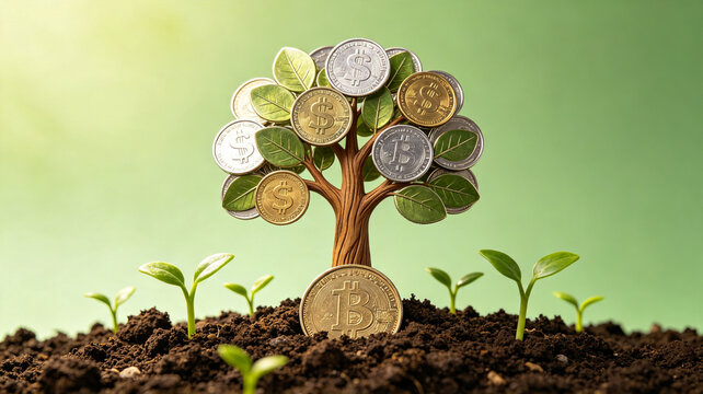 A conceptual money tree with dollar and Bitcoin coins as leaves, representing financial growth and cryptocurrency investment.