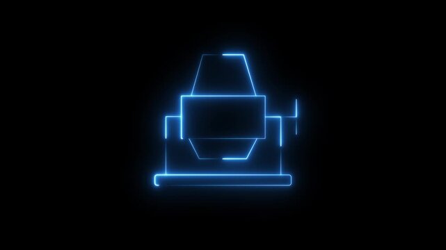 Futuristic glowing blue neon line icon of a concrete mixer on a dark black background, ideal for construction, industrial, and technology video concepts.