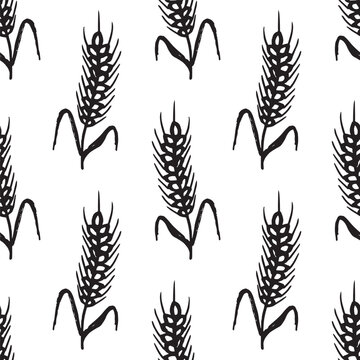 Seamless pattern with hand drawn cereal wheat oat rye barley rice ears spikelet Organic healthy food For decorative print, fabric, package, background