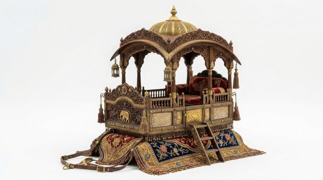 Ornate traditional golden indian wedding carriage palanquin illustration with ceremonial carriage royal transport ornate design cultural artifact wedding decoration asian craftsmanship palanquin