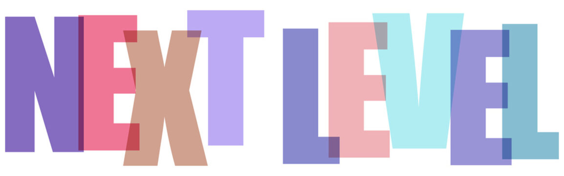 The text phrase next level written in vibrant overlapping colorful typography