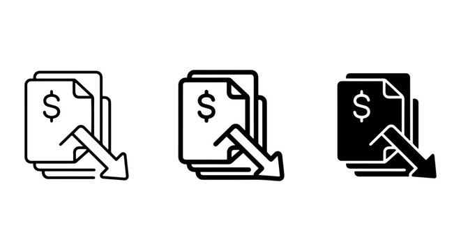 Financial Document Icons, Dollar Sign Paper Stack, Downward Arrow Vector Set