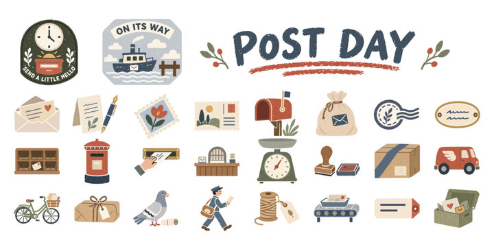  郵便と小包のアイコン集、ポスト・消印・仕分け作業／Postal Icons, Parcels, Mailbox, Postmark, Mail Sorting