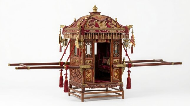 Elaborate red and gold royal palanquin on white background with asian culture royal transport cultural heritage traditional transport historical object cultural artifact majestic design