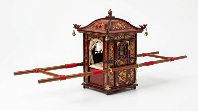 Ornate wooden oriental palanquin isolated on white background with asian culture royal transport cultural heritage traditional transport historical object cultural artifact palanquin design