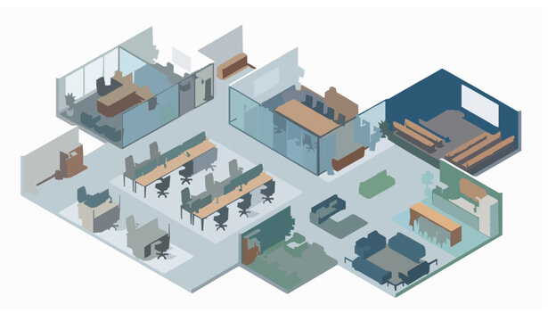 Isometric Modern Office Floor Plan with Executive Room Meeting Area and Coworking Space