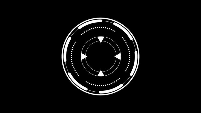4K motion graphic animation of a futuristic white HUD circular target crosshair on a black background, featuring a seamlessly looping sci-fi user interface element for advanced aiming technologies.