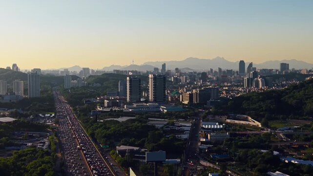 Aerial Panorama of Seoul with Towers N Seoul Tower and Bukhansan from Seocho gu