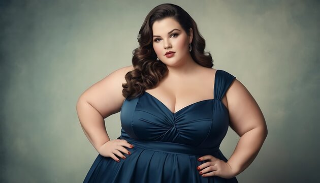 Confident plus size woman in navy evening gown portrait.